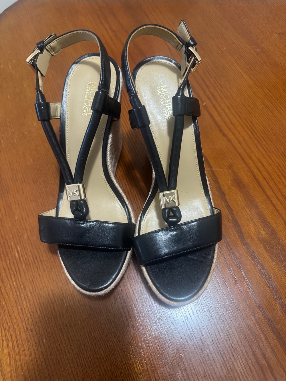 Michael Kors Black Leather T-Strap Espadrille Wedges
